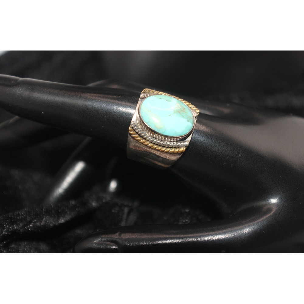 Vintage Sterling Silver 925 Turquoise Oval Mixed Metal Rope Band Ring Size 9.5